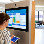 **A brightly lit, modern community center common area bustling with activity. Residents are interacting with a digital kiosk displaying a community communication platform interface (like BuildingLink or TownSq) on a large touchscreen. In the background, a manager is using a tablet, seemingly handling a maintenance request received through the same platform. The overall atmosphere is positive, efficient, and digitally connected.**