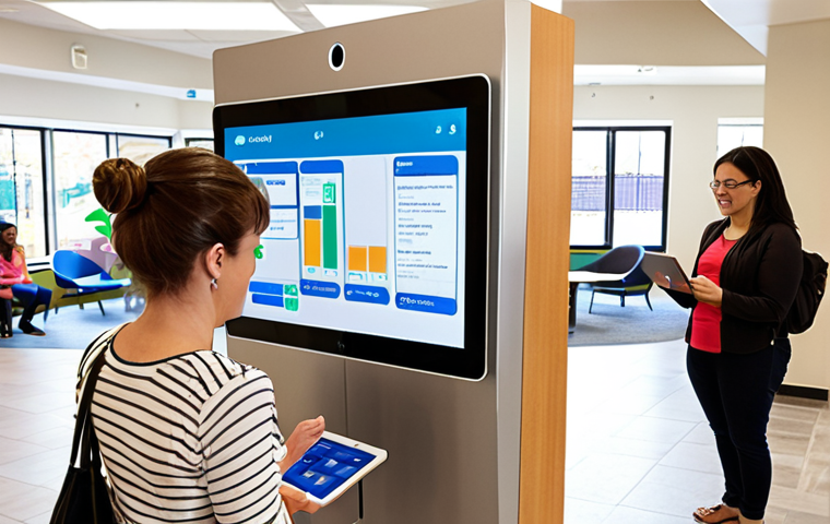 **A brightly lit, modern community center common area bustling with activity. Residents are interacting with a digital kiosk displaying a community communication platform interface (like BuildingLink or TownSq) on a large touchscreen. In the background, a manager is using a tablet, seemingly handling a maintenance request received through the same platform. The overall atmosphere is positive, efficient, and digitally connected.**