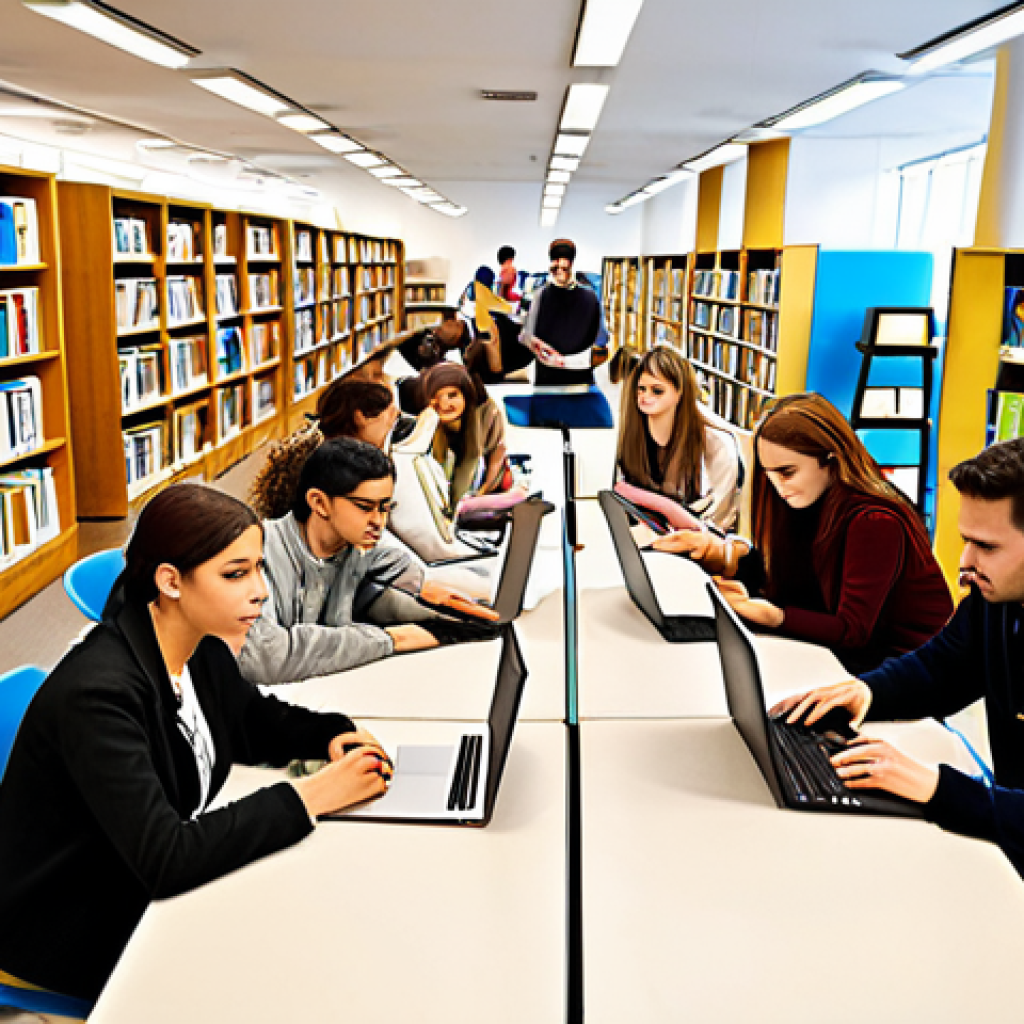 **A diverse group of people studying together in a bright, modern library, some using laptops, others with flashcards. Bookshelves are in the background. The atmosphere is collaborative and focused. The overall style should be inviting and educational.** (This visualizes study groups and collaborative learning.)