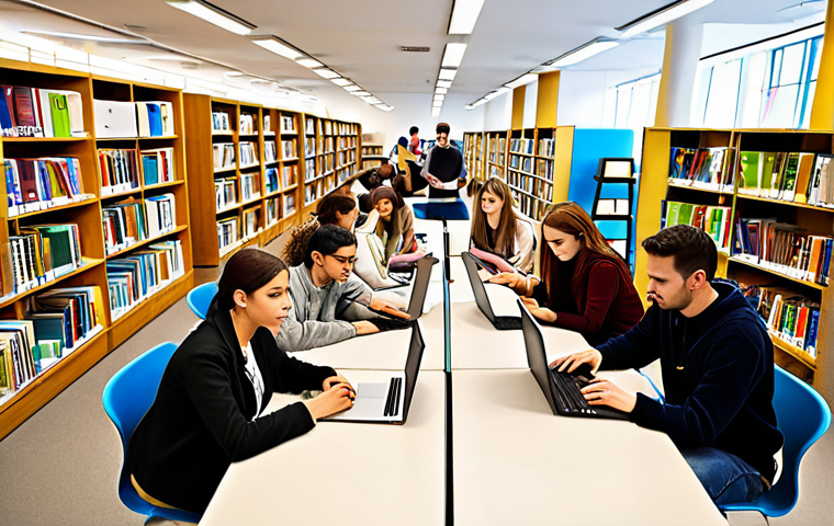 **A diverse group of people studying together in a bright, modern library, some using laptops, others with flashcards. Bookshelves are in the background. The atmosphere is collaborative and focused. The overall style should be inviting and educational.** (This visualizes study groups and collaborative learning.)