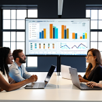 **Prompt:** A diverse group of people collaborating around a table in a modern office setting, brainstorming ideas and looking at a shared digital screen displaying data analytics and graphs. The atmosphere is collaborative and innovative, with natural light and open communication.