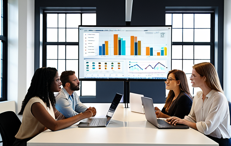 **Prompt:** A diverse group of people collaborating around a table in a modern office setting, brainstorming ideas and looking at a shared digital screen displaying data analytics and graphs. The atmosphere is collaborative and innovative, with natural light and open communication.