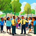 A vibrant and optimistic scene illustrating the tangible impact of public service. Diverse public servants are shown interacting directly with happy community members, possibly celebrating the opening of a new public park, a community center, or families moving into affordable housing. The image should convey a strong sense of purpose, human connection, and the positive outcomes of dedicated efforts, emphasizing light, collaboration, and diverse representation.