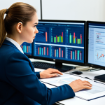 A professional public sector manager, fully clothed in a modest business suit, intently analyzing data on multiple screens in a modern, well-lit government office. She is seated at a clean desk, surrounded by organized documents and technology, reflecting an environment of serious data-driven decision-making. The scene emphasizes clarity and efficiency. Perfect anatomy, correct proportions, natural pose, well-formed hands, proper finger count. Professional photography, high quality, safe for work, appropriate content, fully clothed, professional dress, professional.