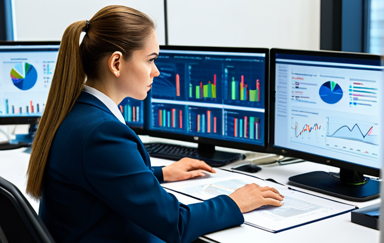 A professional public sector manager, fully clothed in a modest business suit, intently analyzing data on multiple screens in a modern, well-lit government office. She is seated at a clean desk, surrounded by organized documents and technology, reflecting an environment of serious data-driven decision-making. The scene emphasizes clarity and efficiency. Perfect anatomy, correct proportions, natural pose, well-formed hands, proper finger count. Professional photography, high quality, safe for work, appropriate content, fully clothed, professional dress, professional.