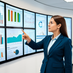 A professional female public administrator, fully clothed in a modest business suit, stands confidently in a bright, modern government office. She points to a large digital screen displaying complex data visualizations and strategic plans, engaged in discussion with a diverse, professional team. The environment is collaborative and forward-looking. Perfect anatomy, correct proportions, natural pose, well-formed hands, proper finger count, natural body proportions, professional photography, high quality, safe for work, appropriate content, modest, family-friendly.