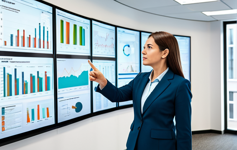 A professional female public administrator, fully clothed in a modest business suit, stands confidently in a bright, modern government office. She points to a large digital screen displaying complex data visualizations and strategic plans, engaged in discussion with a diverse, professional team. The environment is collaborative and forward-looking. Perfect anatomy, correct proportions, natural pose, well-formed hands, proper finger count, natural body proportions, professional photography, high quality, safe for work, appropriate content, modest, family-friendly.