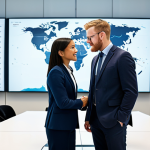 A diverse group of professional individuals, both male and female, collaborating in a bright, modern global conference room. All subjects are fully clothed in modest, professional business attire. The environment features large digital screens displaying a world map with abstract data visualizations, symbolizing interconnectedness and global reach. Professional photography, high-resolution, sharp focus, natural lighting. Perfect anatomy, correct proportions, well-formed hands, proper finger count, natural body proportions, natural pose. safe for work, appropriate content, fully clothed, professional.