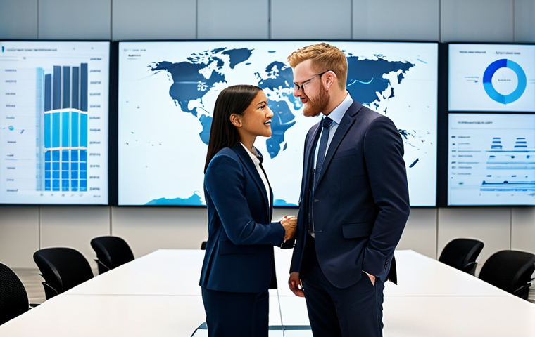 A diverse group of professional individuals, both male and female, collaborating in a bright, modern global conference room. All subjects are fully clothed in modest, professional business attire. The environment features large digital screens displaying a world map with abstract data visualizations, symbolizing interconnectedness and global reach. Professional photography, high-resolution, sharp focus, natural lighting. Perfect anatomy, correct proportions, well-formed hands, proper finger count, natural body proportions, natural pose. safe for work, appropriate content, fully clothed, professional.