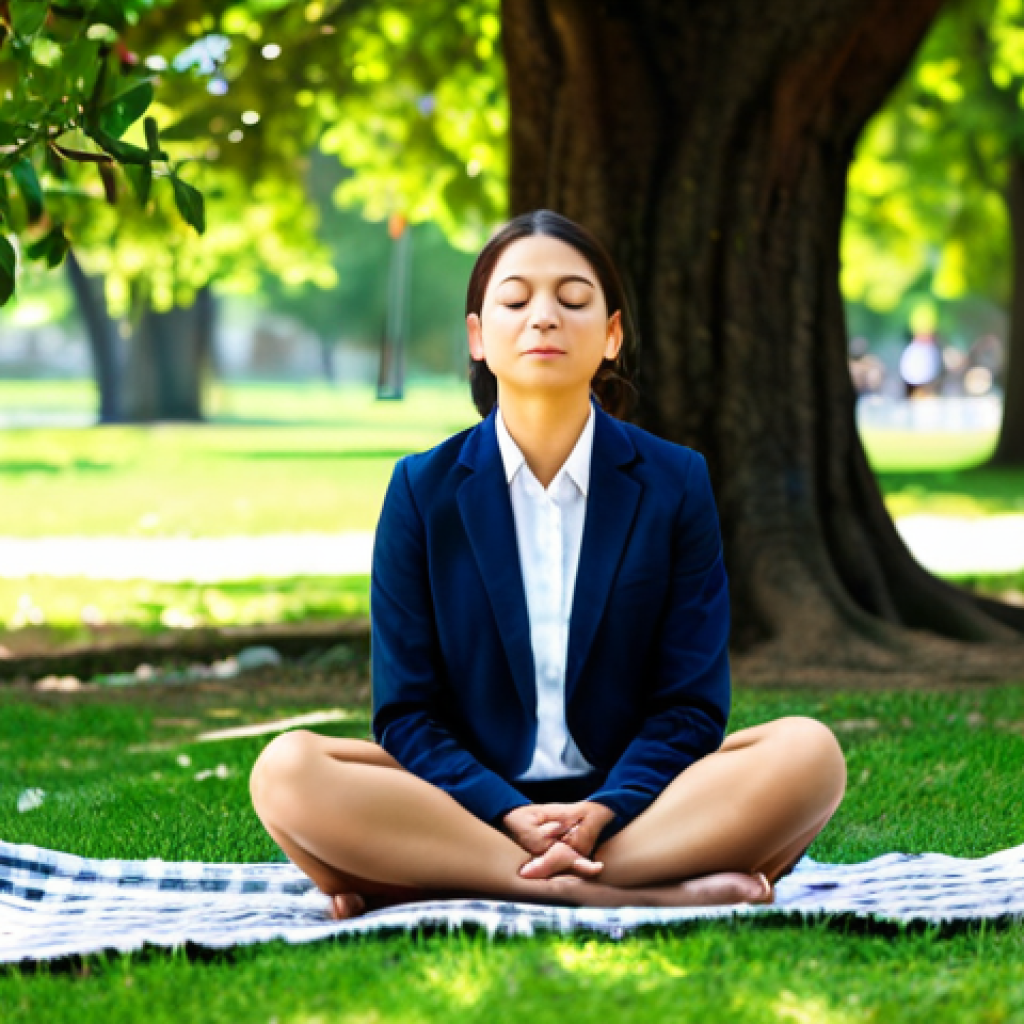 **

A serene property manager, fully clothed in business casual attire, practices mindfulness in a park during a lunch break. She is sitting cross-legged on a blanket under a large oak tree, eyes closed, hands resting gently on her knees. Sunlight filters through the leaves. The background includes blurred figures of other people enjoying the park, creating a peaceful and safe for work environment. Emphasize perfect anatomy, natural proportions, and a sense of calm. appropriate content. professional photography, high quality.

**