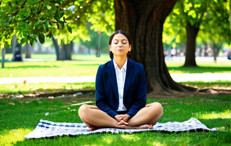 **

A serene property manager, fully clothed in business casual attire, practices mindfulness in a park during a lunch break. She is sitting cross-legged on a blanket under a large oak tree, eyes closed, hands resting gently on her knees. Sunlight filters through the leaves. The background includes blurred figures of other people enjoying the park, creating a peaceful and safe for work environment. Emphasize perfect anatomy, natural proportions, and a sense of calm. appropriate content. professional photography, high quality.

**