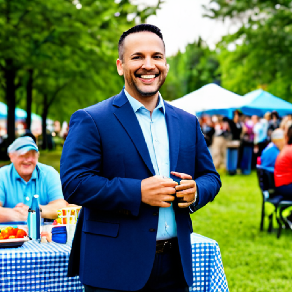 **

A community manager, fully clothed in professional business attire, smiling warmly while addressing residents at a well-attended community barbecue. The scene is outdoors, with picnic tables, colorful decorations, and diverse families enjoying themselves. Focus on capturing a sense of community and positive interaction. safe for work, appropriate content, perfect anatomy, natural proportions, family-friendly, professional photography, high quality.

**