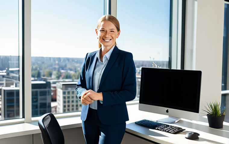 **

A professional property manager, fully clothed in appropriate business attire, stands in a modern office setting, reviewing financial reports on a computer screen. Sunlight streams through a large window overlooking a cityscape. The manager is smiling confidently. safe for work, appropriate content, perfect anatomy, natural proportions, professional, high quality, fully clothed, modest clothing.

**