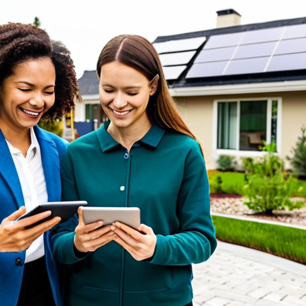 Smart Home Community**

"A modern, family-friendly community showcasing smart home technology. Solar panels on rooftops, lush green landscaping, and well-maintained walking paths. A diverse group of fully clothed residents interacts using tablets and smartphones, accessing smart home features. Focus on energy efficiency and sustainable living. Safe for work, appropriate content, fully clothed, professional photography, perfect anatomy, natural proportions, modest environment, high quality."

**