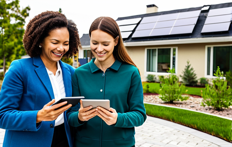 Smart Home Community**

"A modern, family-friendly community showcasing smart home technology. Solar panels on rooftops, lush green landscaping, and well-maintained walking paths. A diverse group of fully clothed residents interacts using tablets and smartphones, accessing smart home features. Focus on energy efficiency and sustainable living. Safe for work, appropriate content, fully clothed, professional photography, perfect anatomy, natural proportions, modest environment, high quality."

**