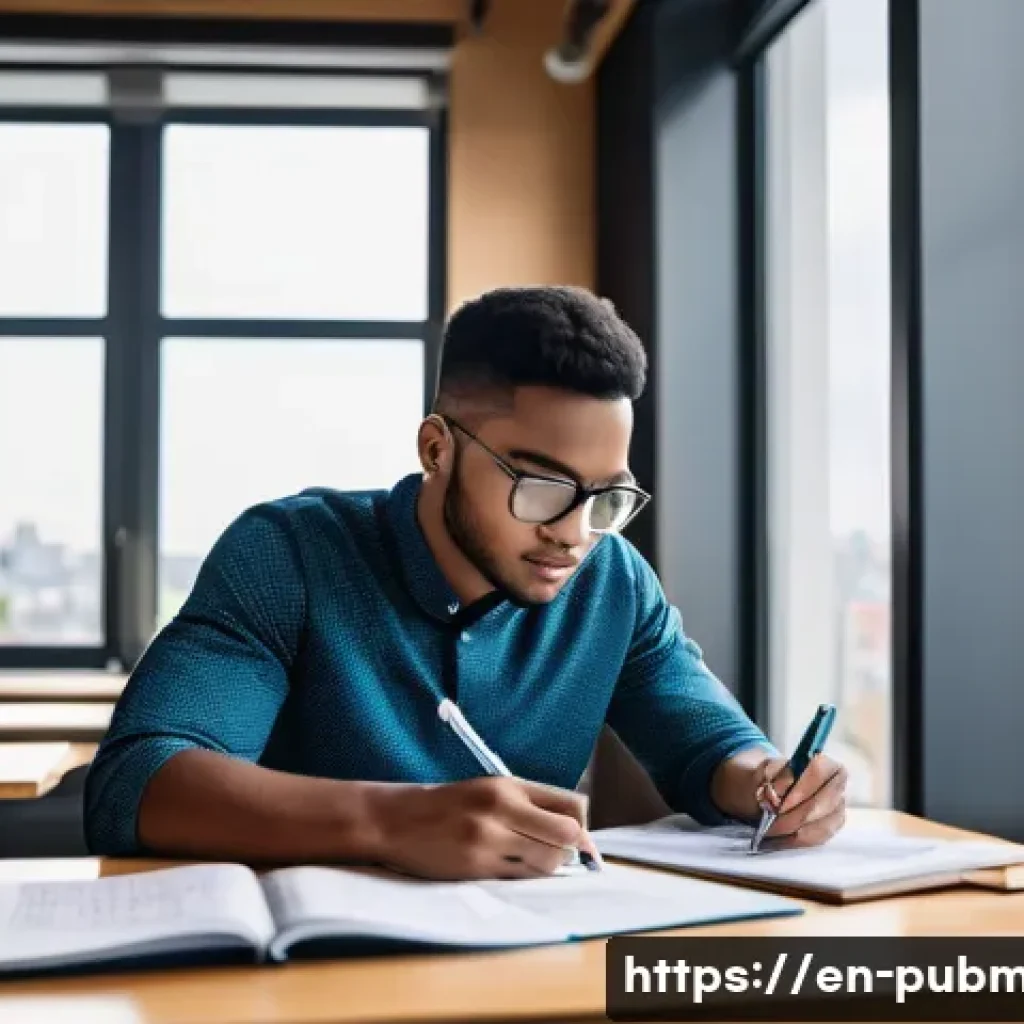 공공관리사 시험 준비 중 자주 묻는 질문 - A modern study room scene depicting a young adult sitting at a sleek wooden desk, surrounded by open...