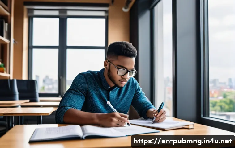 공공관리사 시험 준비 중 자주 묻는 질문 - A modern study room scene depicting a young adult sitting at a sleek wooden desk, surrounded by open...