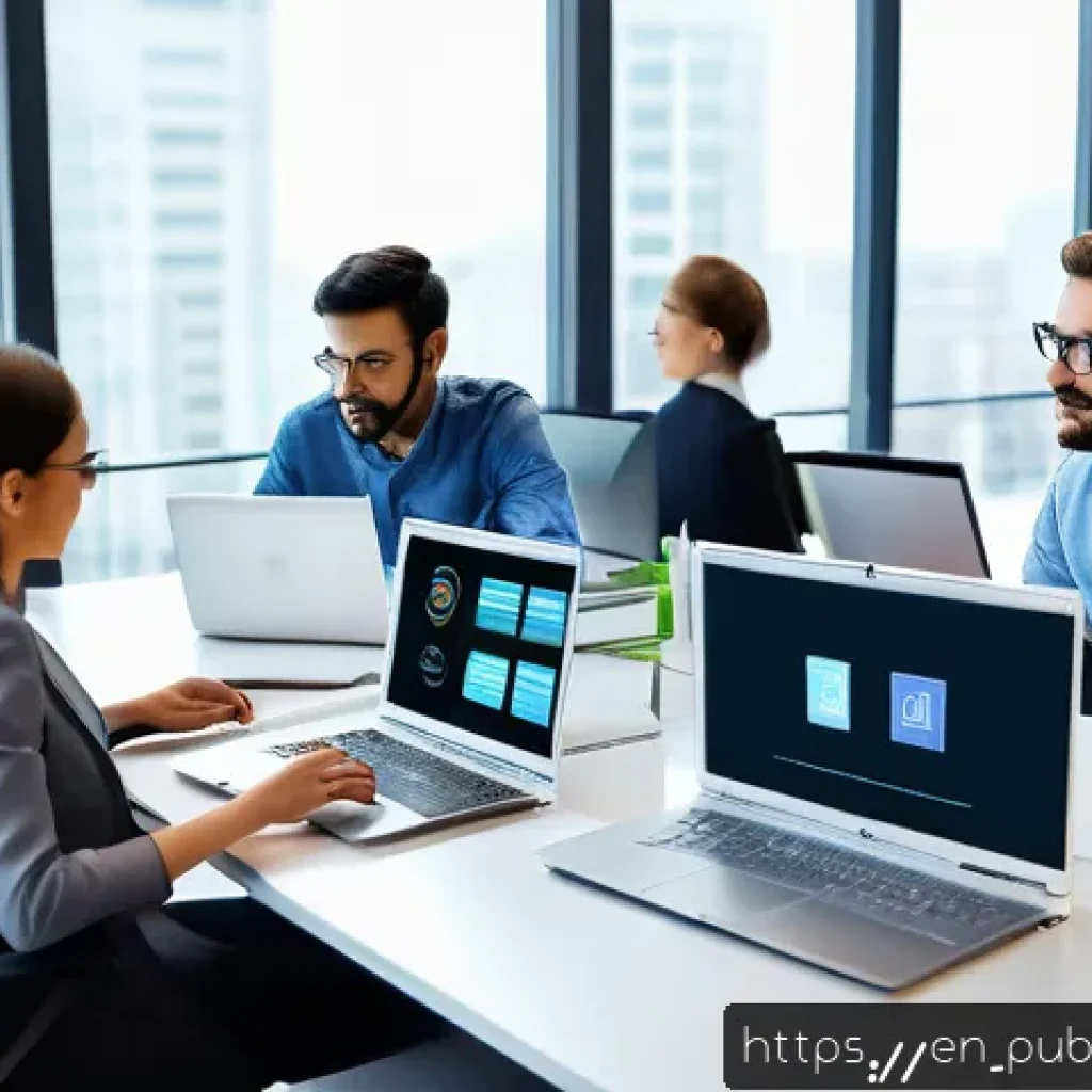 공공관리사 실무에서 필요한 소프트웨어 활용 방법 - A modern public sector office environment showing diverse professionals collaboratively using cloud-...