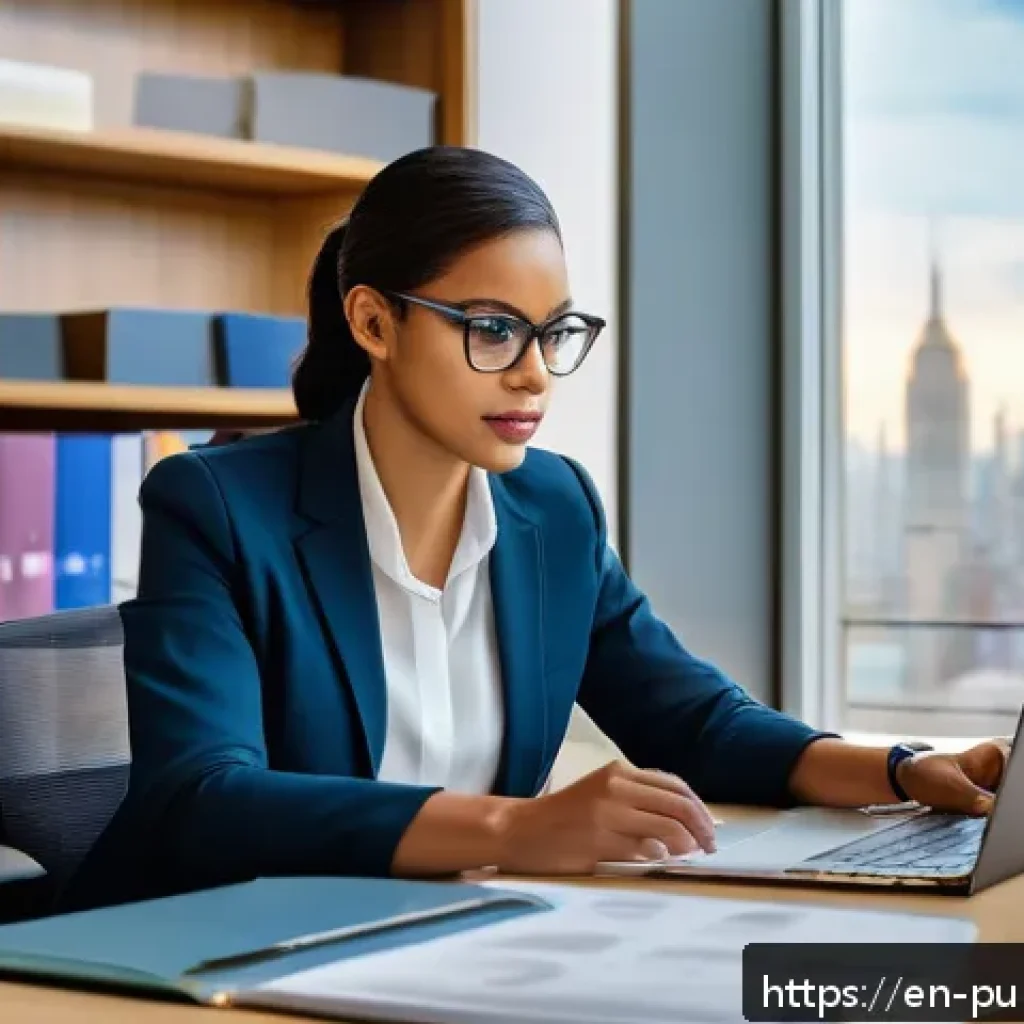 공공관리사 자격증 취득 동기 부여 - A professional woman in business attire sitting confidently at a modern office desk, reviewing certi...