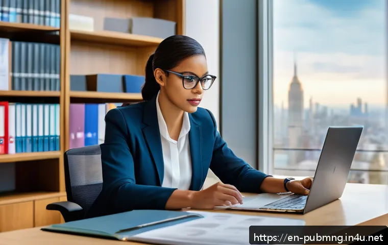 공공관리사 자격증 취득 동기 부여 - A professional woman in business attire sitting confidently at a modern office desk, reviewing certi...