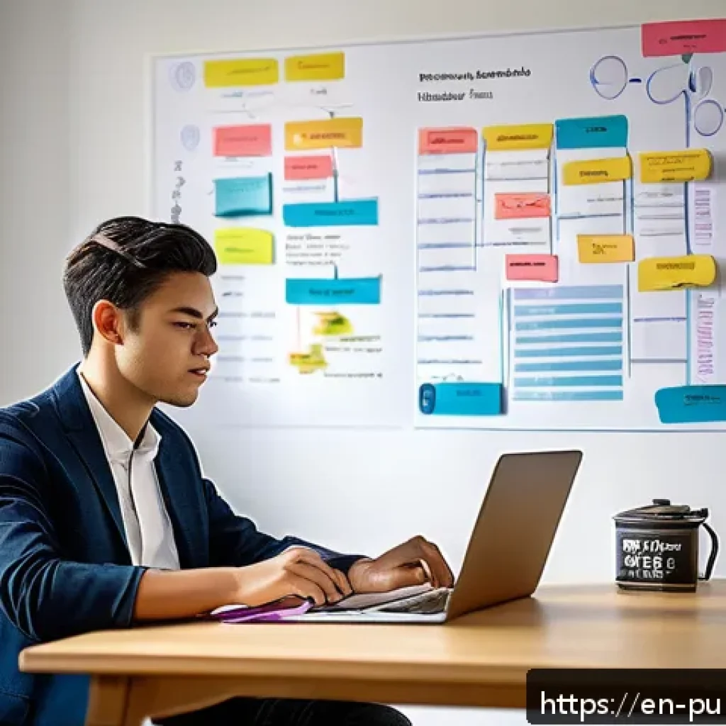 공공관리사 시험 준비 중 가장 중요한 팁 - A modern study environment featuring a young adult sitting at a tidy desk with a laptop, colorful mi...