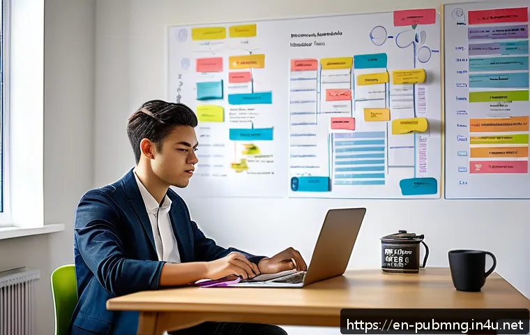 공공관리사 시험 준비 중 가장 중요한 팁 - A modern study environment featuring a young adult sitting at a tidy desk with a laptop, colorful mi...