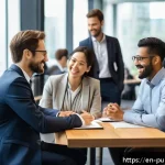 공공관리사 이직 시 활용 가능한 네트워크 - A professional public administration networking event in a modern conference room, diverse group of ...