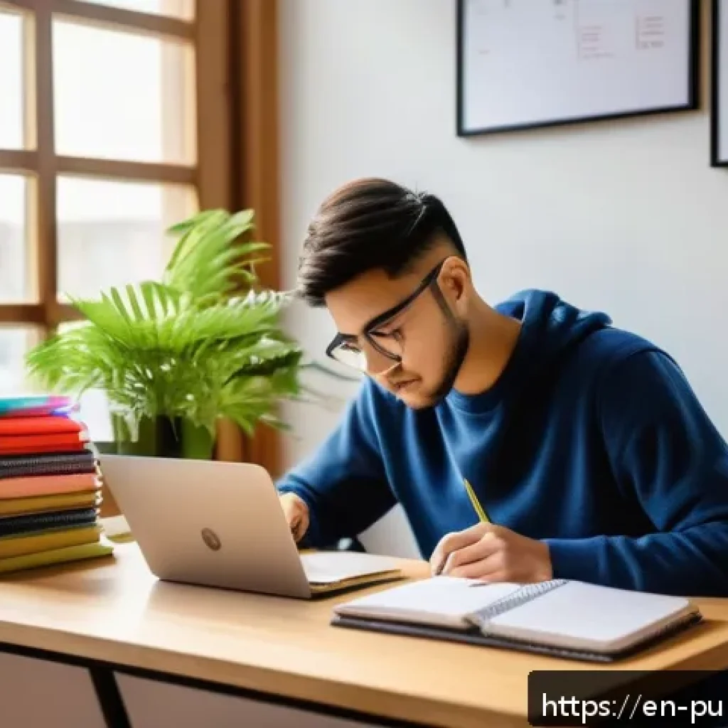 공공관리사 필기시험 대비를 위한 시간 관리 전략 - A modern, cozy study room scene featuring a young adult sitting at a wooden desk with a laptop, colo...