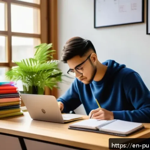 공공관리사 필기시험 대비를 위한 시간 관리 전략 - A modern, cozy study room scene featuring a young adult sitting at a wooden desk with a laptop, colo...