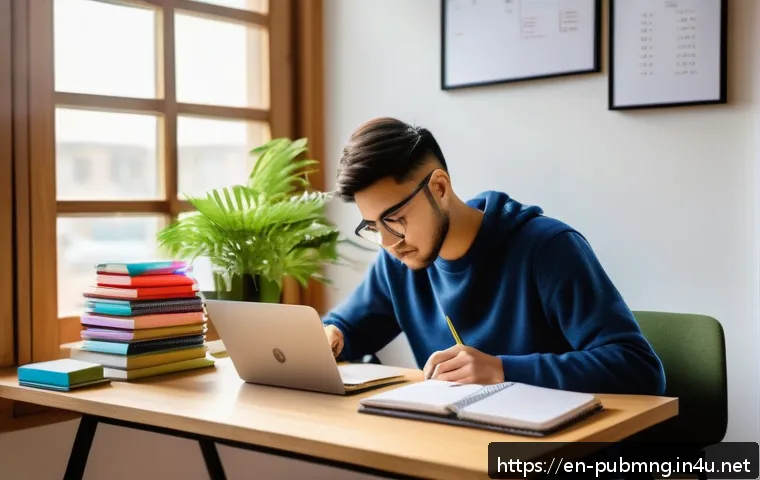 공공관리사 필기시험 대비를 위한 시간 관리 전략 - A modern, cozy study room scene featuring a young adult sitting at a wooden desk with a laptop, colo...