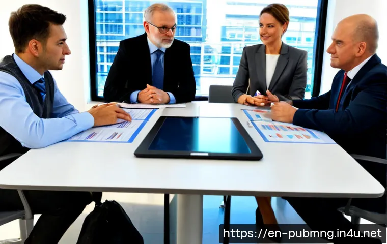 공공관리사 직무 평가 기준 이해 - Photorealistic public sector performance review meeting in a bright modern municipal office, diverse...
