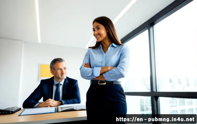 공공관리사로서의 경력 개발 방향 - Photorealistic public administration career development scene, confident mid-career public sector pr...