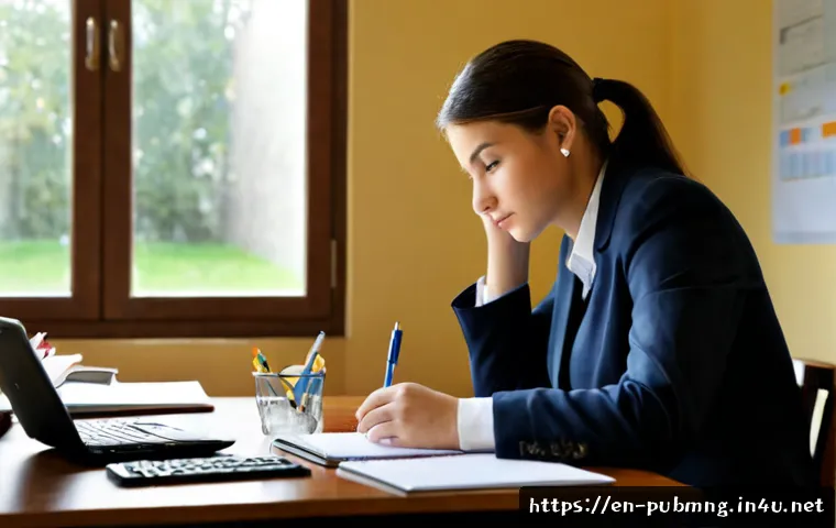 Home 17 공공관리사 시험 준비 중 겪는 어려움 해결 - Photorealistic home study scene of a determined adult preparing for a public administration certific...
