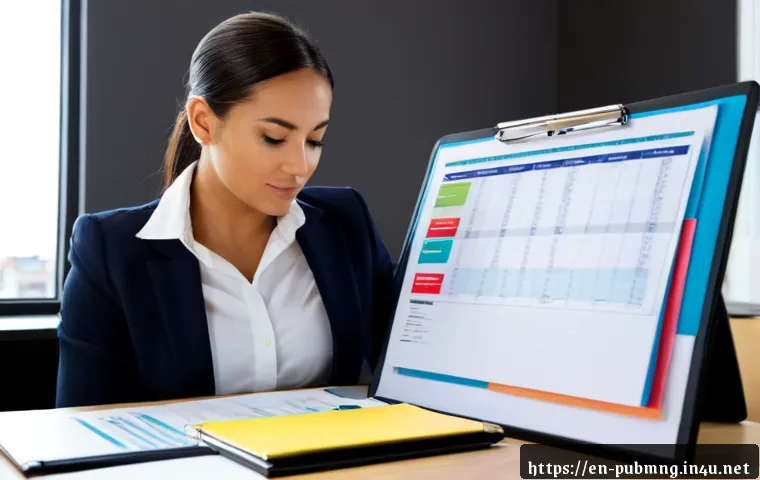 공공관리사 직무 평가에서 높은 점수를 받는 법 - Photorealistic public sector manager in a neat business-casual office, calmly reviewing a performanc...